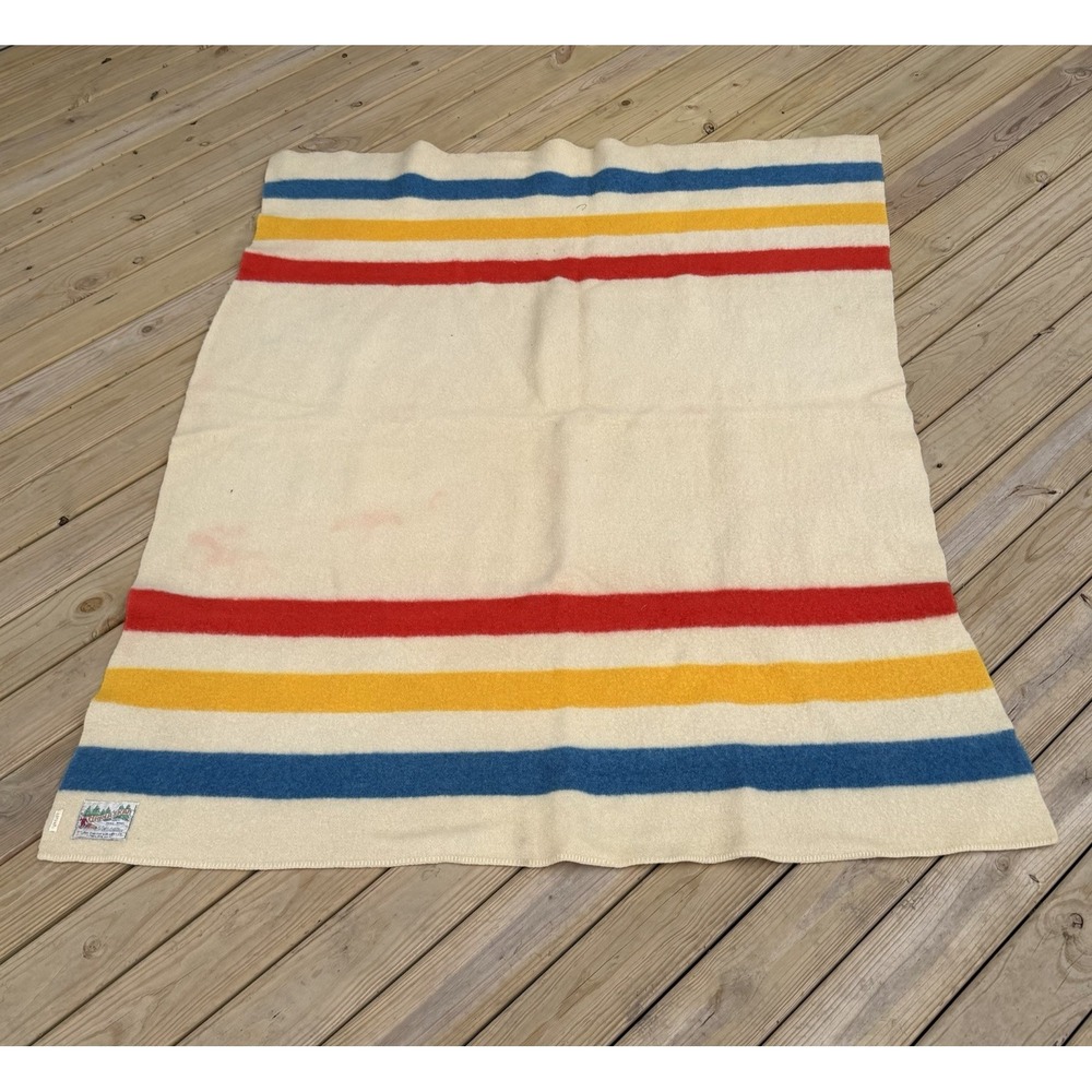 Vintage Orr Felt & Blanket Co Orrlaskan 100% Wool 3 Striped Blanket 74"x61" USA